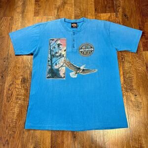 90s Vintage Memphis Tennessee Harley Eagles Henley T-shirt Blue XL Made In USA
